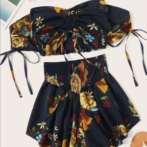 Floral Drawstring Ruched Top & Smocked Shorts Set